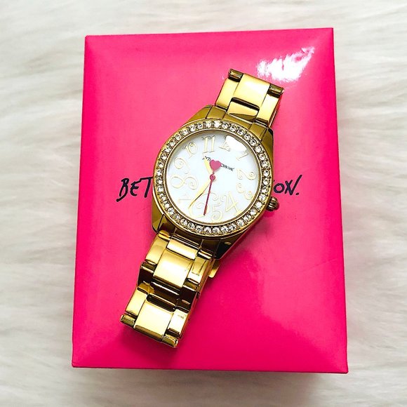 New! Betsey Johnson Rhinestones Heart Watch Gold